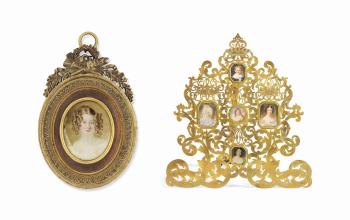 A pierced ornate gilt-metal frame containing five miniatures of children of the Londonderry family by 
																	William Egley
