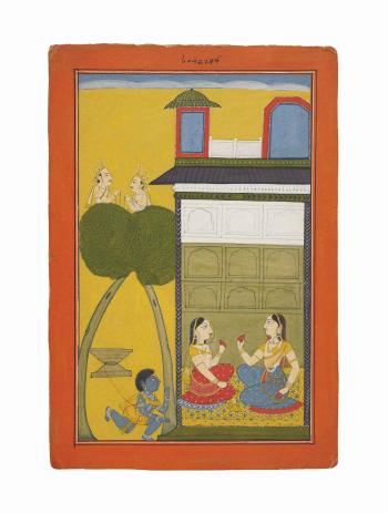 An illustration to Bhagavata Purana: Krishna drags the Mortar by 
																	 Jammu School