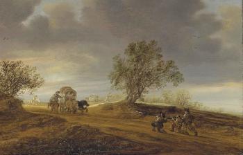 A dune Landscape with soldiers attacking travellers in a covered wagon by 
																	Salomon van Ruysdael