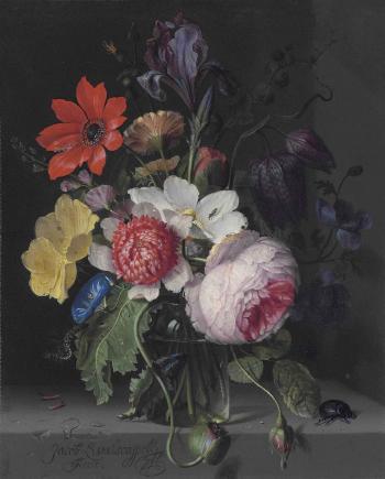 A peony, an iris, a poppy, anemones, morning glory and other flowers, in a glass vase, with a caterpillar, a beetle and other insects, on a stone ledge by 
																	Jacob van Walscapelle