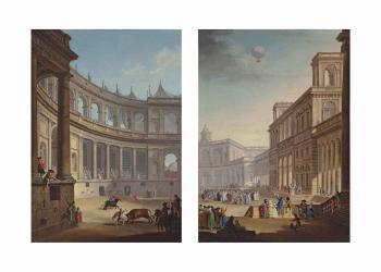 An amphitheatre with figures watching a bull fight; and A capriccio of a square with figures watching a hot air balloon by 
																	Antonio Carnicero