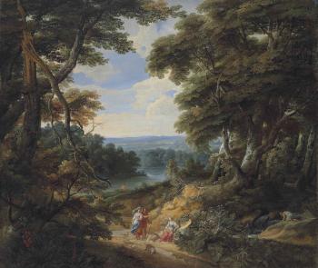 A Wooded Landscape with figures and a dog on a path, with a river and a castle in the distance by 
																	Jacques d'Arthois