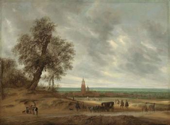 A Panoramic Landscape with travellers on a path, the city of Amersfoort beyond by 
																	Salomon van Ruysdael