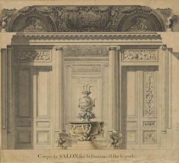 Design for a Wall decoration with a Fountain and two Stoves by 
																	Charles de Wailly