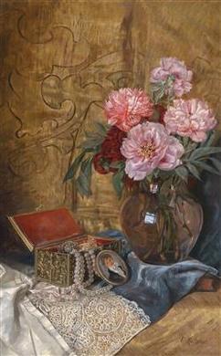 Still Life with Bouquet of Flowers, Jewellery Box and Miniature by 
																	Francesco Malacrea