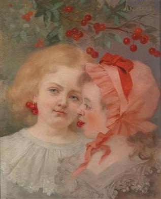 Two Girls with Cherries by 
																	Henri Dominique Roszezewski