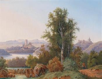 View of a River Landscape with Castle Ruins (according to tradition a view of Burg Saaleck and and Rudelsburg) by 
																	Josef Jonas