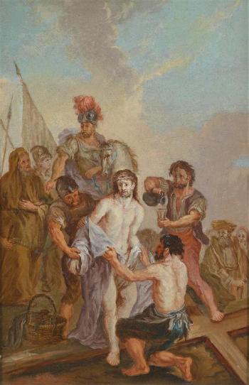 Two Stations of the Cross: (1) Jesus Meets the Women of Jerusalem; (2) Jesus Is Stripped of His Garments by 
																			Leopold Mitterhofer