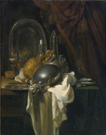 A Still Life With Silver, Pewter And Gilt Objects On A Partly Draped Table by 
																	Willem Kalf