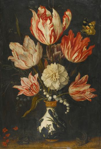 Still Life Of Variegated Tulips In A Ceramic Vase, With A Wasp, A Dragonfly, A Butterfly And A Lizard by 
																	Balthasar van der Ast