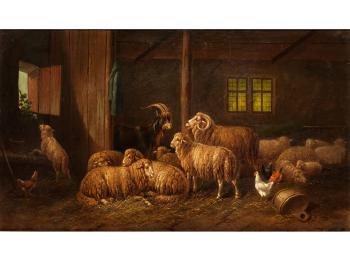 Schafe, ziegenbock und hühner in einem Stall by 
																			Adolf Nowey