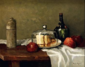 Stilleben mit Käseglocke, Flaschen und Roten Äpfeln by 
																	Joseph Muhlbeck