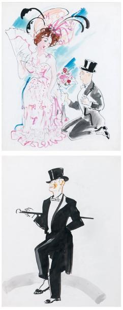 Maurice Chevalier aux pieds d'une élégante. The French big lover Maurice Chevalier dansant en frac et haut de forme by 
																	James Rassiat