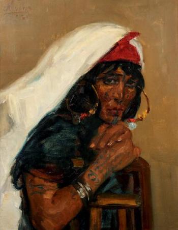 Femme tunisienne appuyée sur une chaise by 
																	Leo Nardus