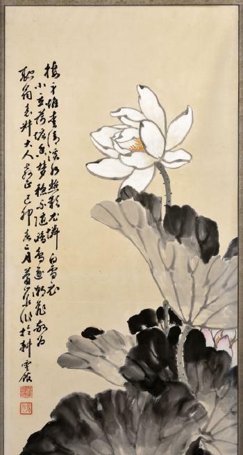 Heron under a white lotus by 
																			 Xiao Xinquan
