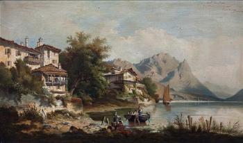 Figures beside an Italian alpine lakeside by 
																	Eugene Verstraete