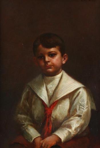 Portrait of young boy in white sailor suit with red tie by 
																	Henry Ihlefeld