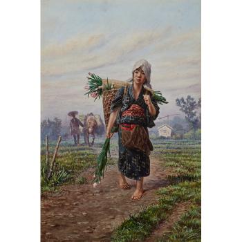 Woman Carrying Flowers; Woman Working In A Rice Field by 
																			Jirokichi Kasagi