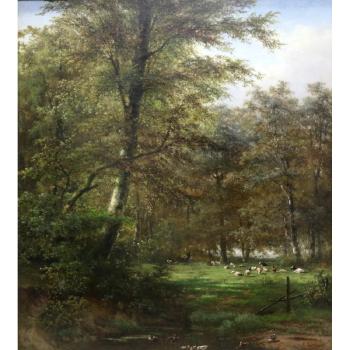 A wooded landscape with sheep and cattle in a meadow by 
																	Francois Vandeverdonck
