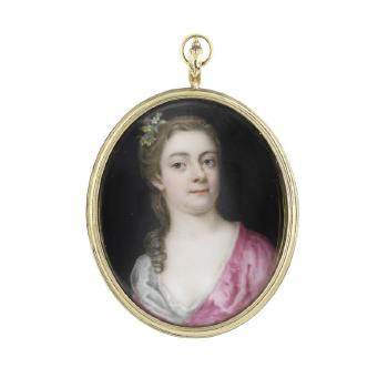 A Lady, wearing silver robe over white chemise, her pink mantle draped about her shoulders, her hair partially upswept and dressed with flowers, falling in curls over her right shoulder by 
																	William Prewitt