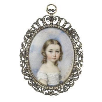A Young Girl, wearing white dress with blue ribbon to her waist, her blonde hair centrally parted and falling in curls to her shoulders by 
																	Amelie Kautz de Lacepede