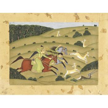 Rupmati and Baz Bahadur on Horseback hunting Deer in a Landscape by 
																	 Provincial Mughal School