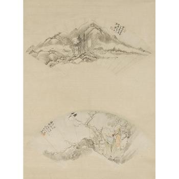 a) Blossom and Leaves; and Bird, Flowers and Rock; b) Landscape in the style of Wang Hui; and Releasing the Crane by 
																			 Pu Renyi