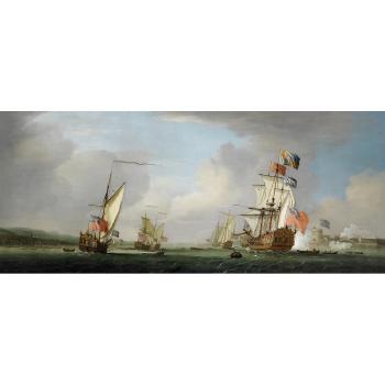 The Royal Yacht Peregrine and her escorts off Gillingham, Kent, acknowledging a salute as she passes Upnor Castle by 
																			Peter Monamy