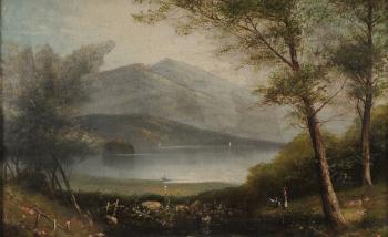 Mountain landscape with lake by 
																			Alden Sampson