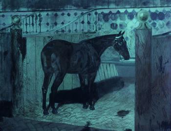 A bay hunter in a stall by 
																			Walter Harrowing