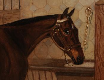 A bay hunter in a stall by 
																			Walter Harrowing