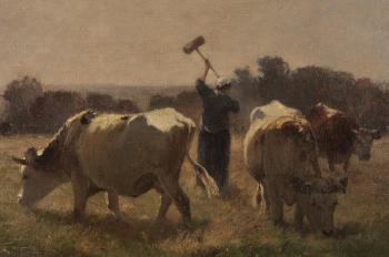 Pastoral landscape with cows and field worker by 
																			Aymar Pezant