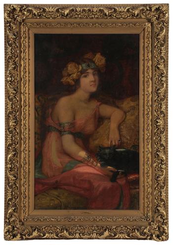 Woman with jeweled and rose bloom headdress, wearing a silk dress, seated on a sofa and holding a black cat by 
																			James H Hagaman
