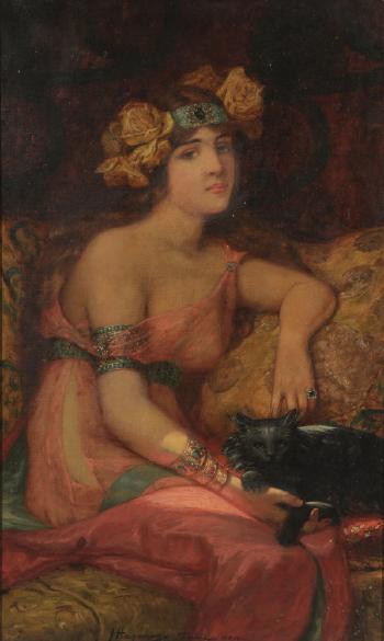 Woman with jeweled and rose bloom headdress, wearing a silk dress, seated on a sofa and holding a black cat by 
																			James H Hagaman