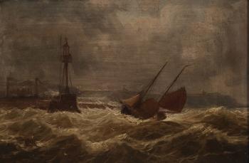 Harrington pier, Cumberland. Homeward bound, Caradock breaking through Donaghadee Sound by 
																			William Mitchell of Maryport