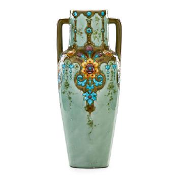 Tall two-handled vase squeezebag-decorated with floral pattern by 
																			Felix Optat Milet