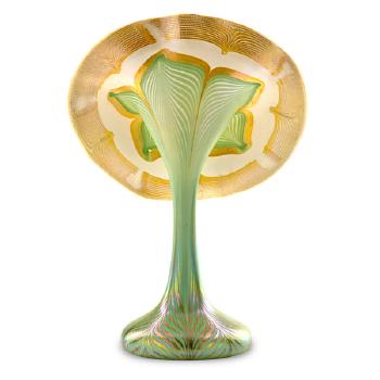 Jack-in-the-pulpit vase with pulled feather decoration by 
																			 Quezal Glass