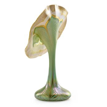 Jack-in-the-pulpit vase with pulled feather decoration by 
																			 Quezal Glass