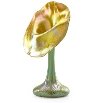 Jack-in-the-pulpit vase with pulled feather decoration by 
																			 Quezal Glass