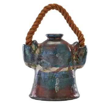 Large Hand-built Jug With Rope Handle by 
																			Nancy Jurs