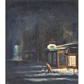 Bradford Leger shoveling snow in front of his Delicatessen at 22 North Union Street, Lambertville, NJ by 
																	Corky Agin
