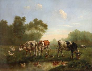 Vaches et canards au bord de l'eau by 
																	Arthur de Waerhert