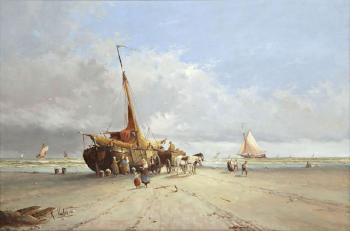 Pêcheurs près des chaloupes à la plage by 
																	Hendrik Vader