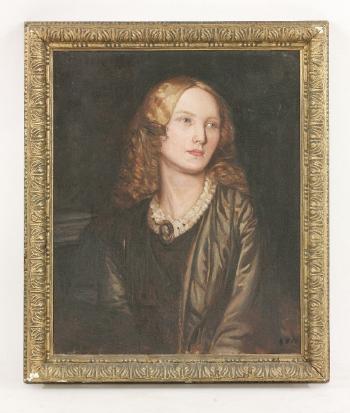 Portrait of a young woman, half length, in a brown dress and cameo brooch by 
																			Mary Edis