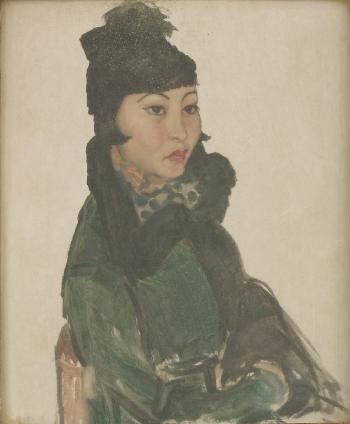 Portrait of a Chinese woman, half length, seated on a chair in a hat and a fur lined coat by 
																			Mary Edis