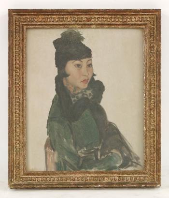 Portrait of a Chinese woman, half length, seated on a chair in a hat and a fur lined coat by 
																			Mary Edis