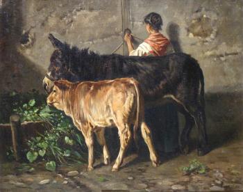 Barn interiors with cattle, bull, donkey and child by 
																			Valerico Laccetti