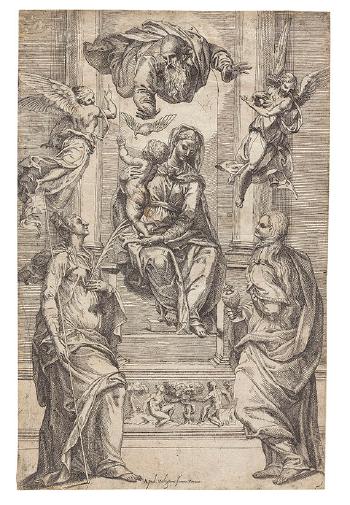 Thronende Madonna mit Kind und zwei Heiligen, darüber Gottvater, Heiliger Geist und zwei Engel by 
																	Giacomo Valegio