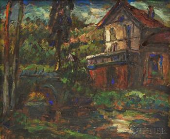 Landscape with bridge and house by 
																			Albert Vagh