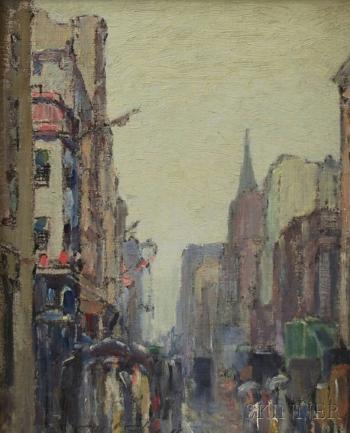 Street scene in rain by 
																			Frederick Usher Devoll